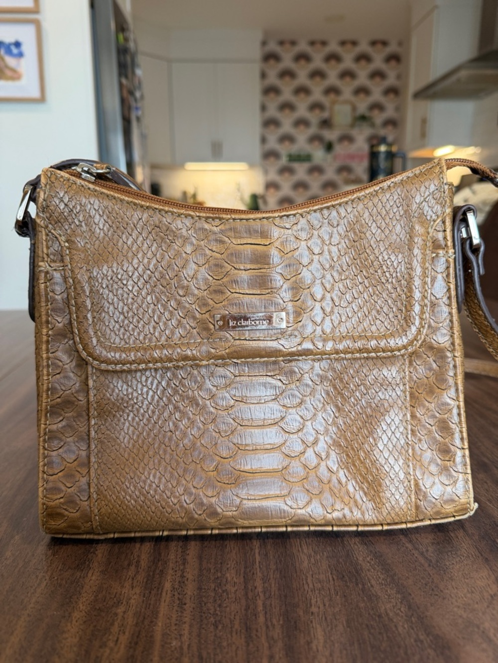 Vintage Liz Claiborne Snake Embossed Mini Shoulder Bag Y2K Tan Purse